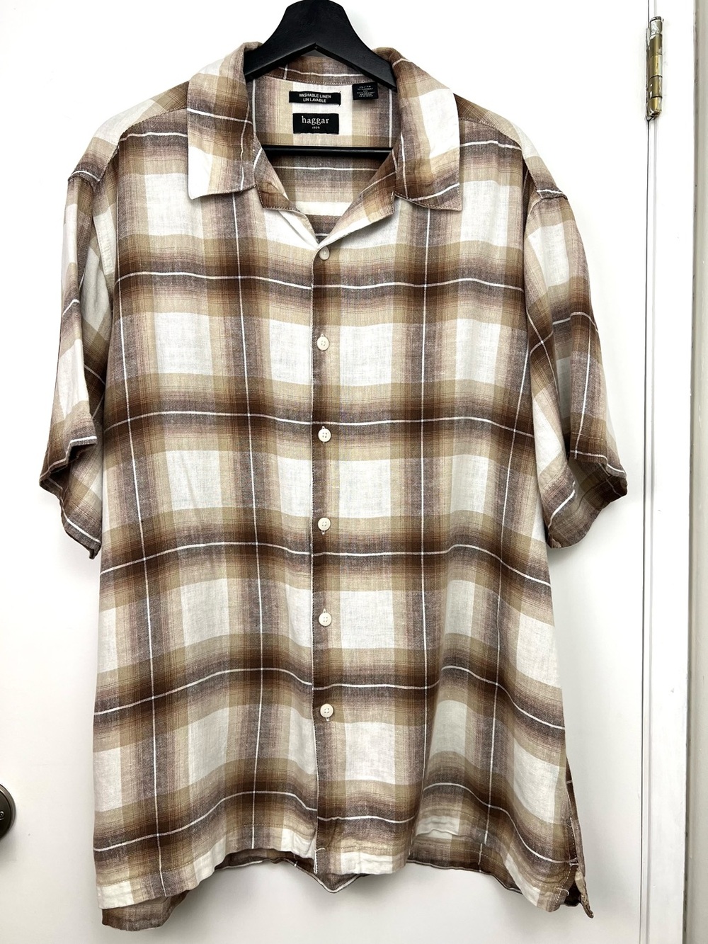 Haggar Washable Linen Lightweight Plaid Shirt XL Brown/Natural Summer